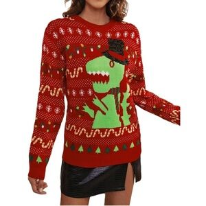 Simplee Women’s Ugly Christmas Red Sweater T Rex Dinosaur  With Hat Size S
